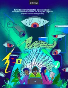Capa do Estudo sobre Impactos Psicossociais: ilustração de um olho gigante simbolizando vigilância digital