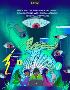 Cover of the Study on Psychosocial Impact: illustration of a giant eye symbolizing digital surveillance